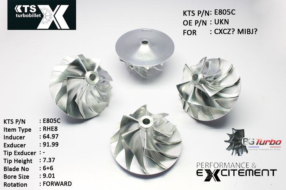 Turbo ROUE FORGÉE MFS PERFORMANCE - 6+6 PALES - INDUCER : 64,97 - EXDUCER : 91,99 - TYPE : RHE8ANGLE : 55° - ROTATION : Forward - SUPER BACK : 6,58 - BORE SIZE : 9,01
